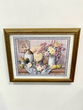 Vintage Home Interior Framed T.C. Chiu Print Life, Fruit & Flowers 16” x 13” EUC
